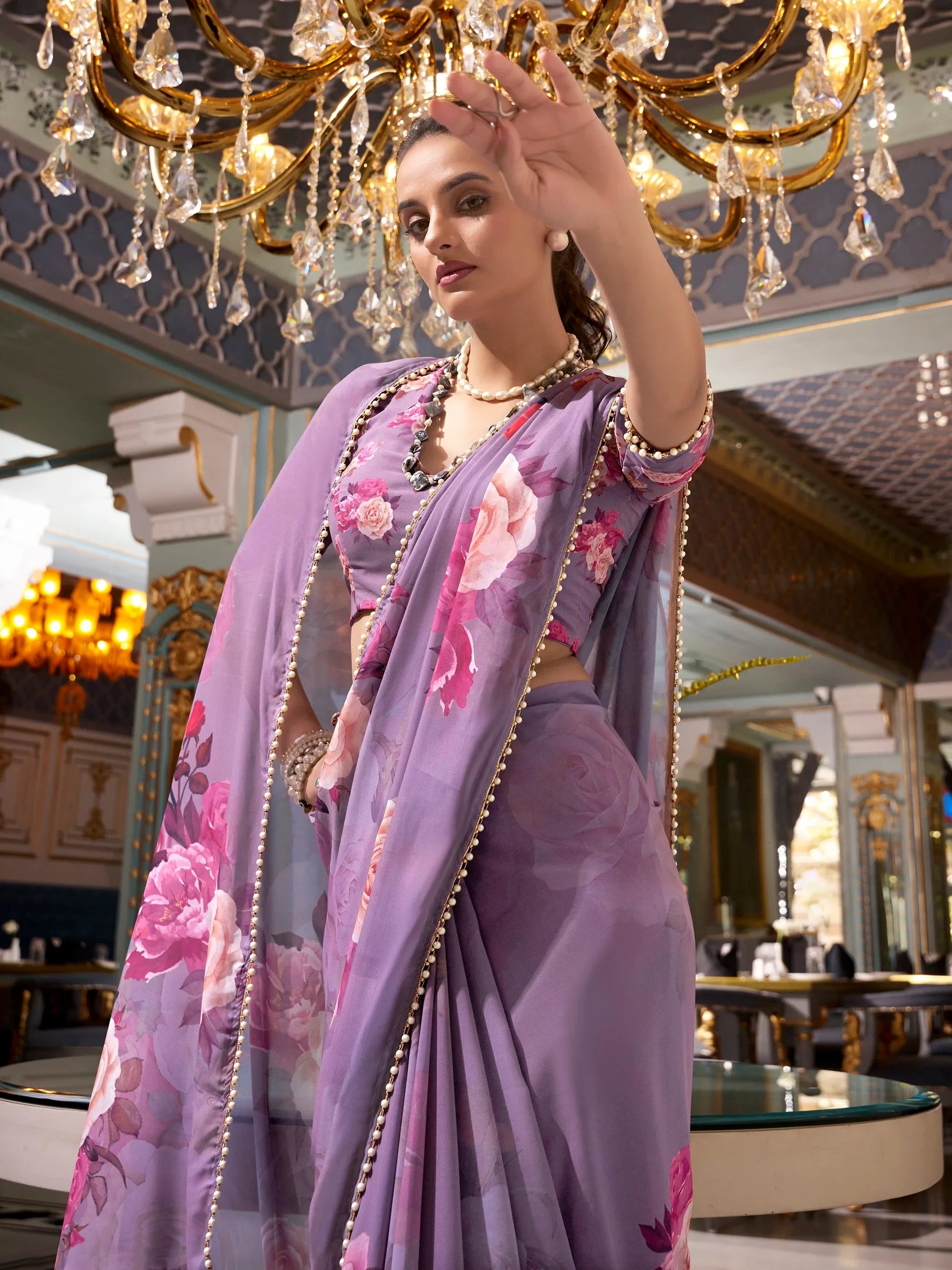 Alluring Grey Floral Printed Georgette Event Wear Saree With Blouse - Zeel Clothing