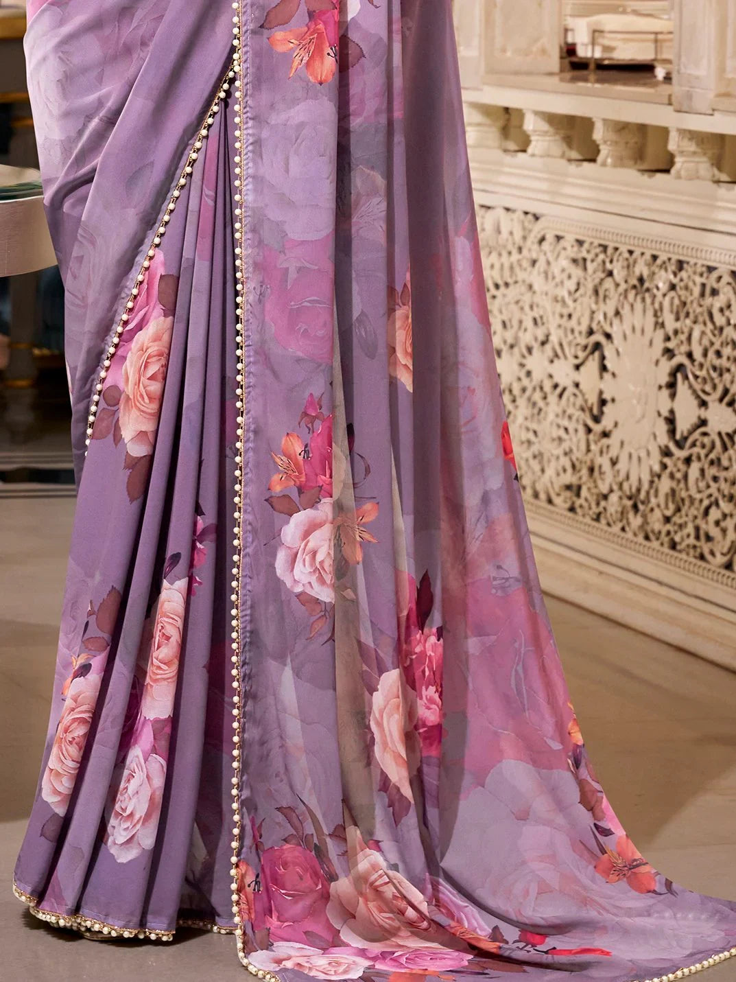 Alluring Grey Floral Printed Georgette Event Wear Saree With Blouse - Zeel Clothing