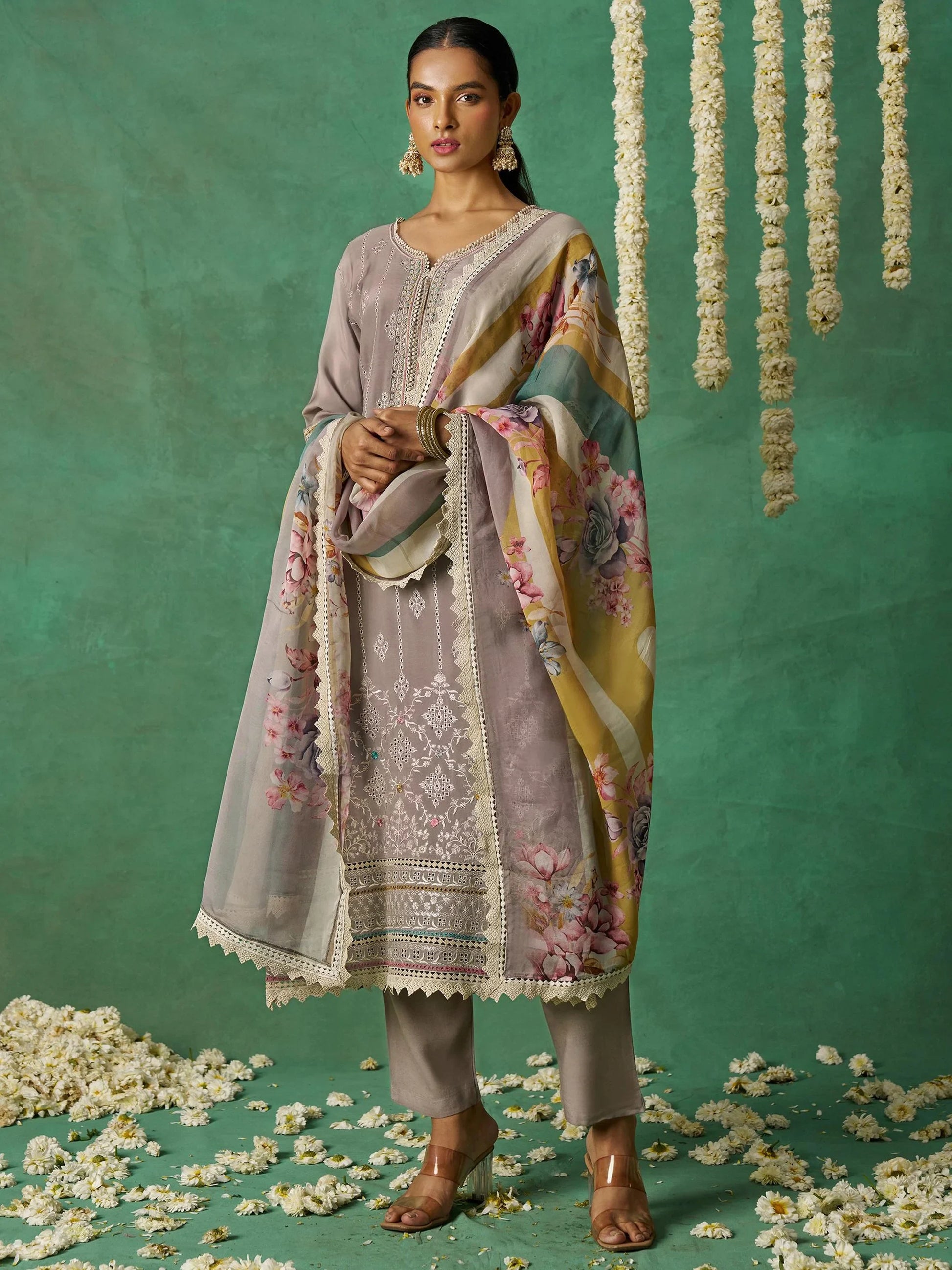 Alluring Grey Organza Traditional Pant Suit With Printed Dupatta