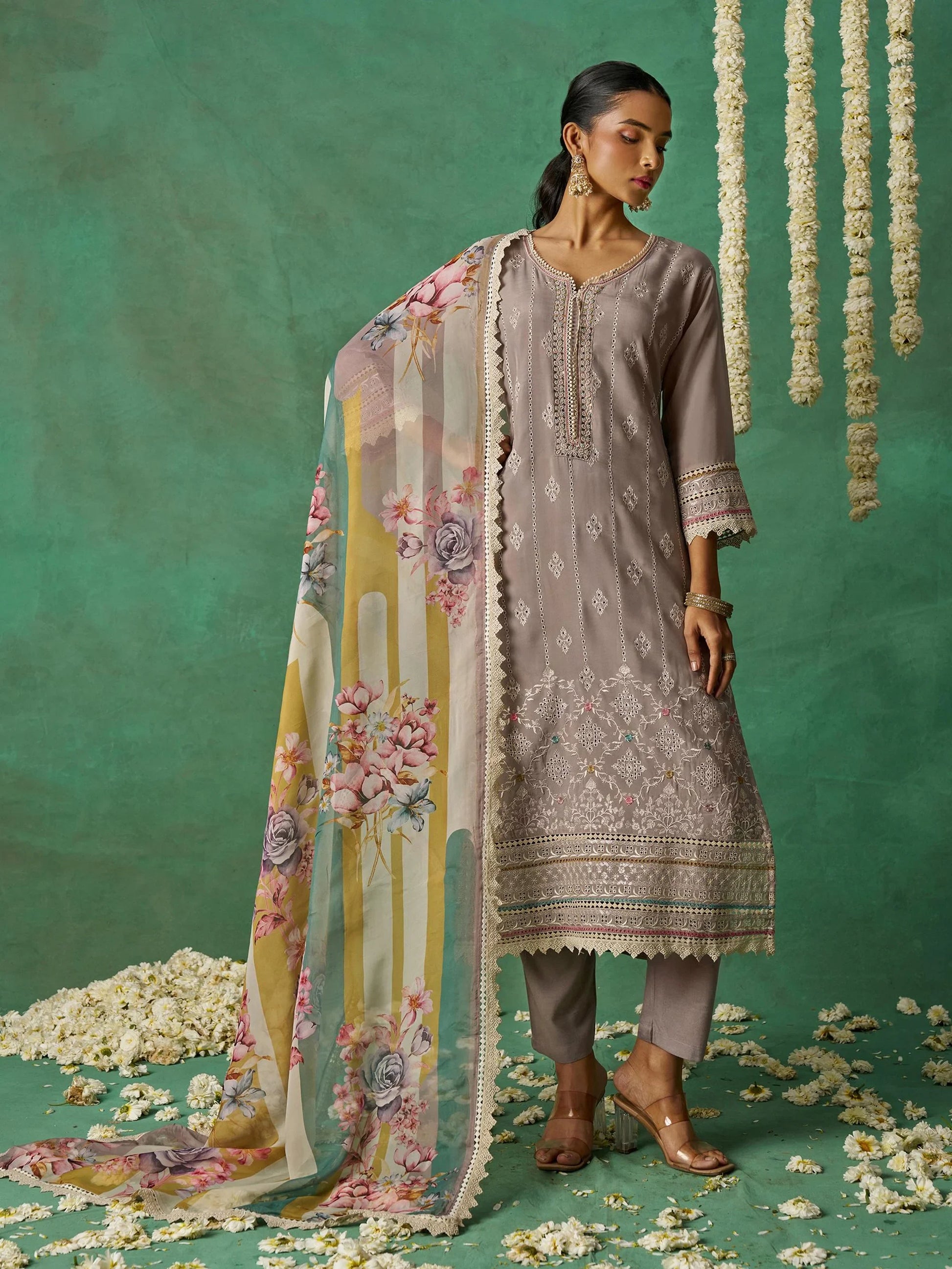 Alluring Grey Organza Traditional Pant Suit With Printed Dupatta