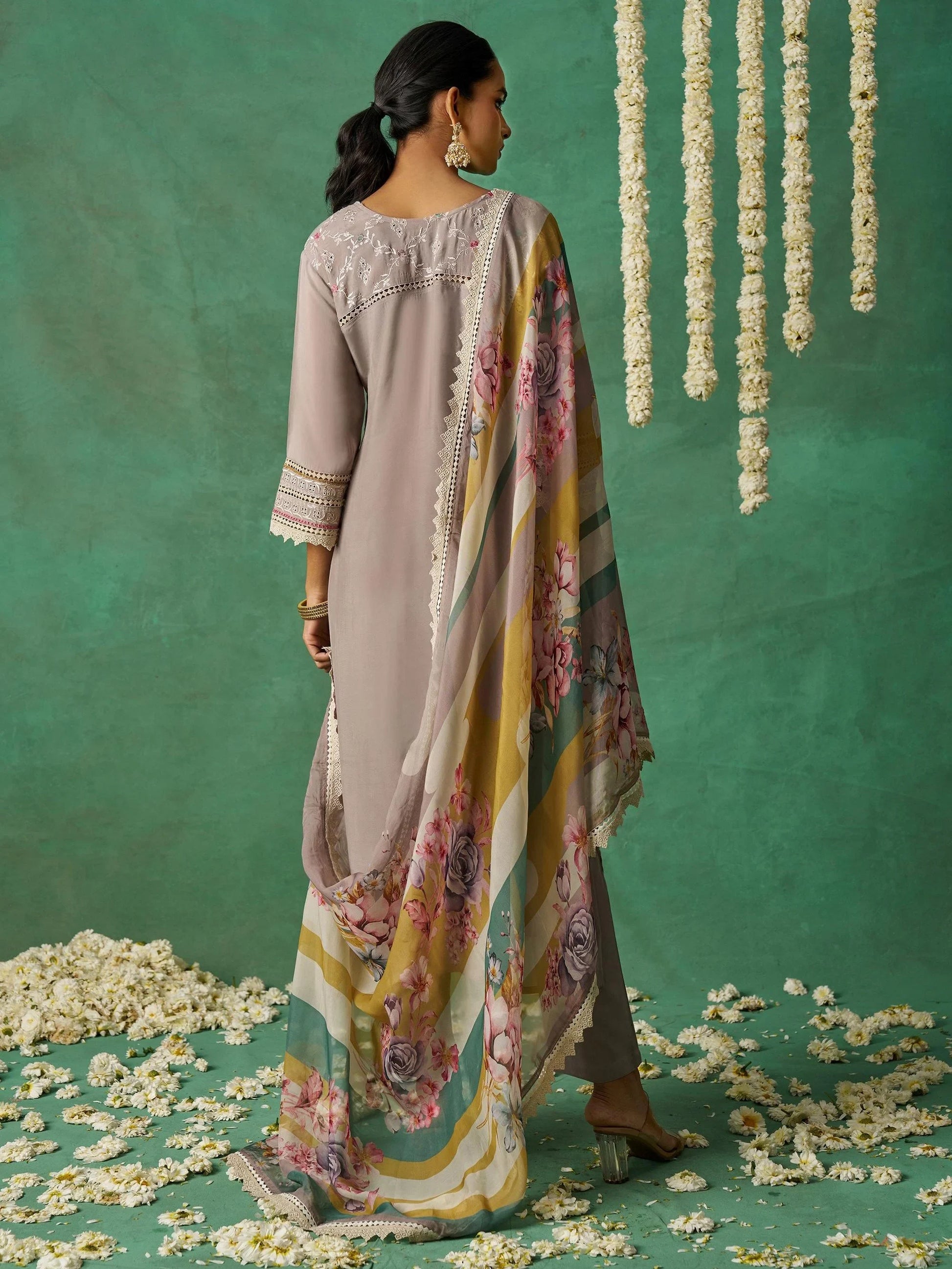 Alluring Grey Organza Traditional Pant Suit With Printed Dupatta