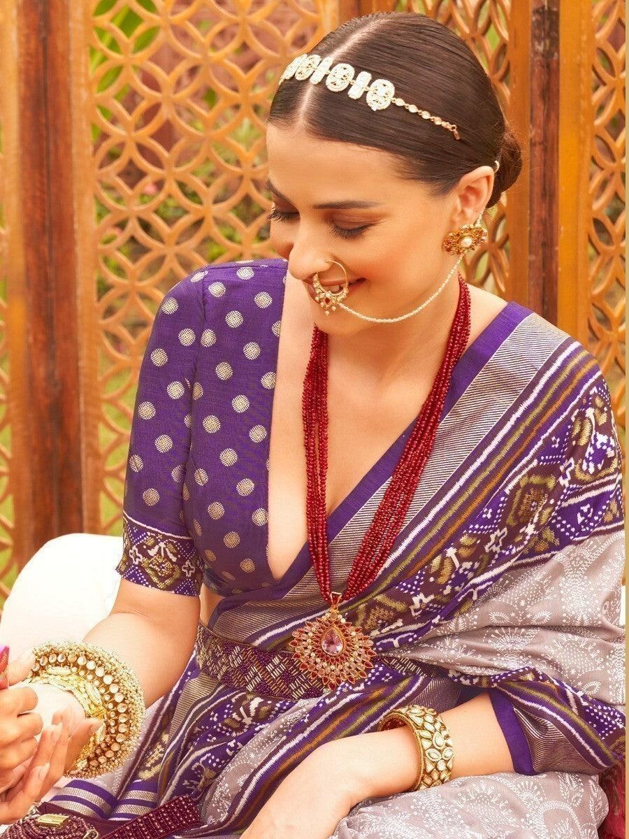 Alluring Grey Patola Printed Silk Wedding Wear Saree With Blouse