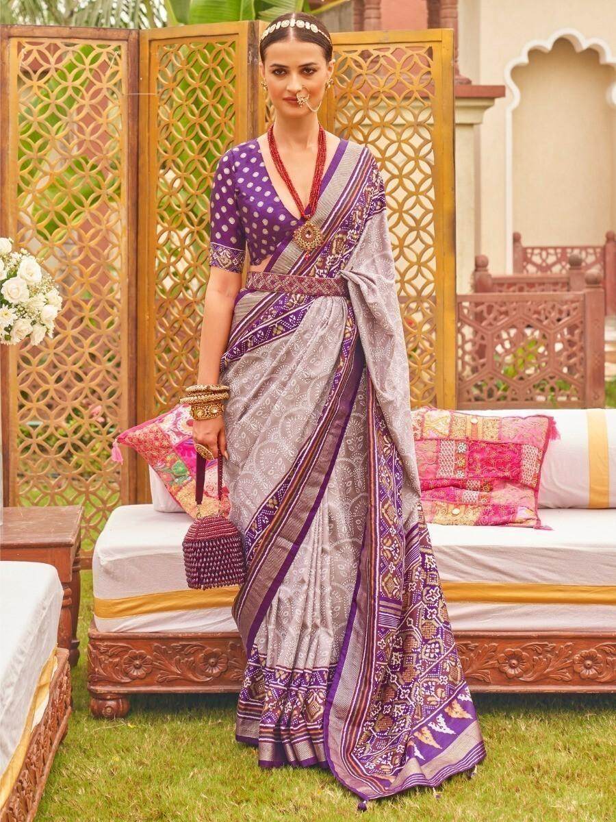 Alluring Grey Patola Printed Silk Wedding Wear Saree With Blouse - Zeel Clothing