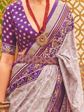 Alluring Grey Patola Printed Silk Wedding Wear Saree With Blouse - Zeel Clothing