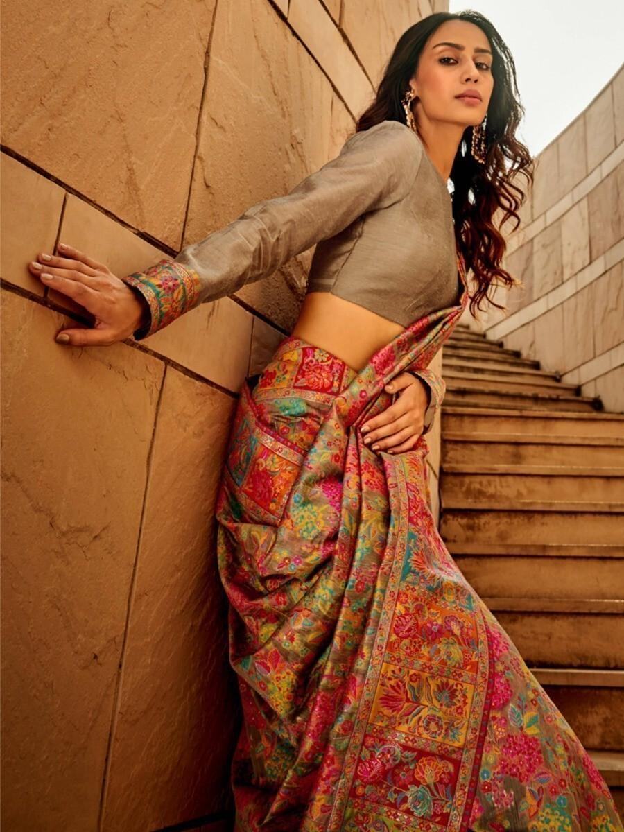 Alluring Grey Zari Woven Silk Engagement Wear Saree With Blouse