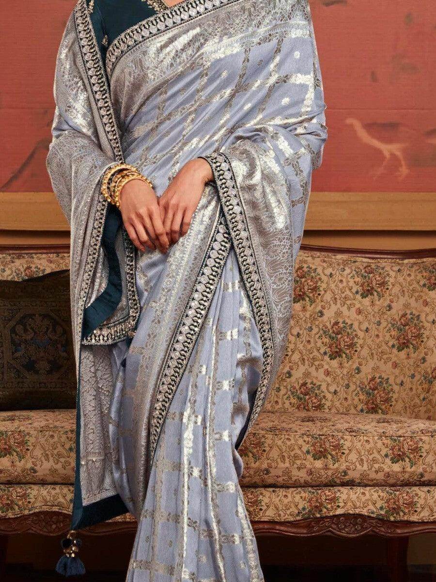 Alluring Grey Zari Woven Silk Festival Wear Saree With Blouse - Zeel Clothing