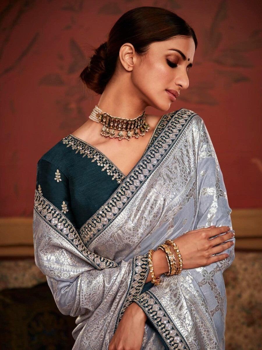 Alluring Grey Zari Woven Silk Festival Wear Saree With Blouse