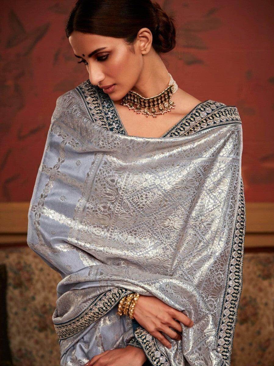 Alluring Grey Zari Woven Silk Festival Wear Saree With Blouse - Zeel Clothing