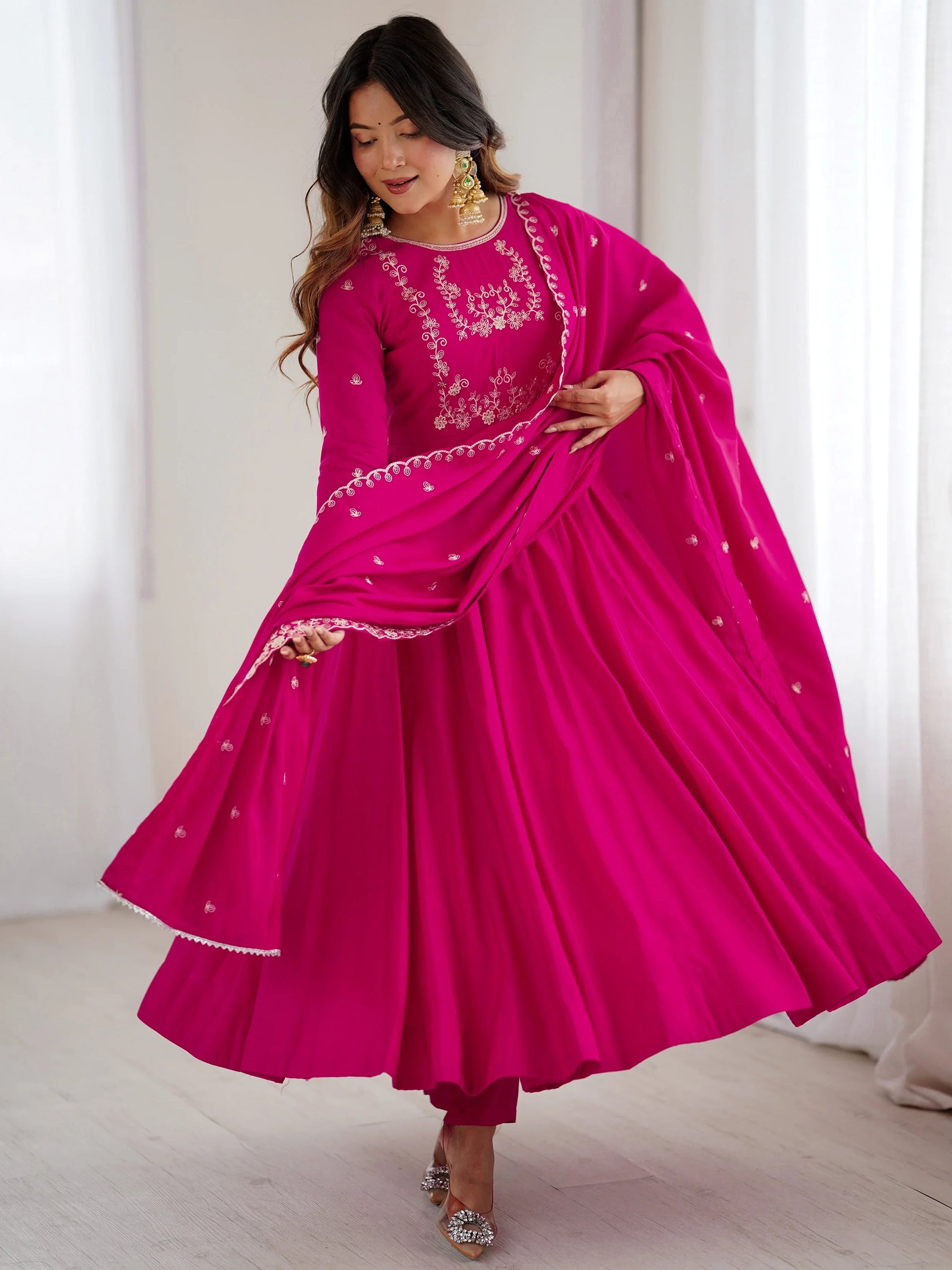 Alluring Hot Pink Bead Work Chanderi Silk Designer Anarkali Suit With Dupatta