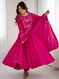 Alluring Hot Pink Bead Work Chanderi Silk Designer Anarkali Suit With Dupatta