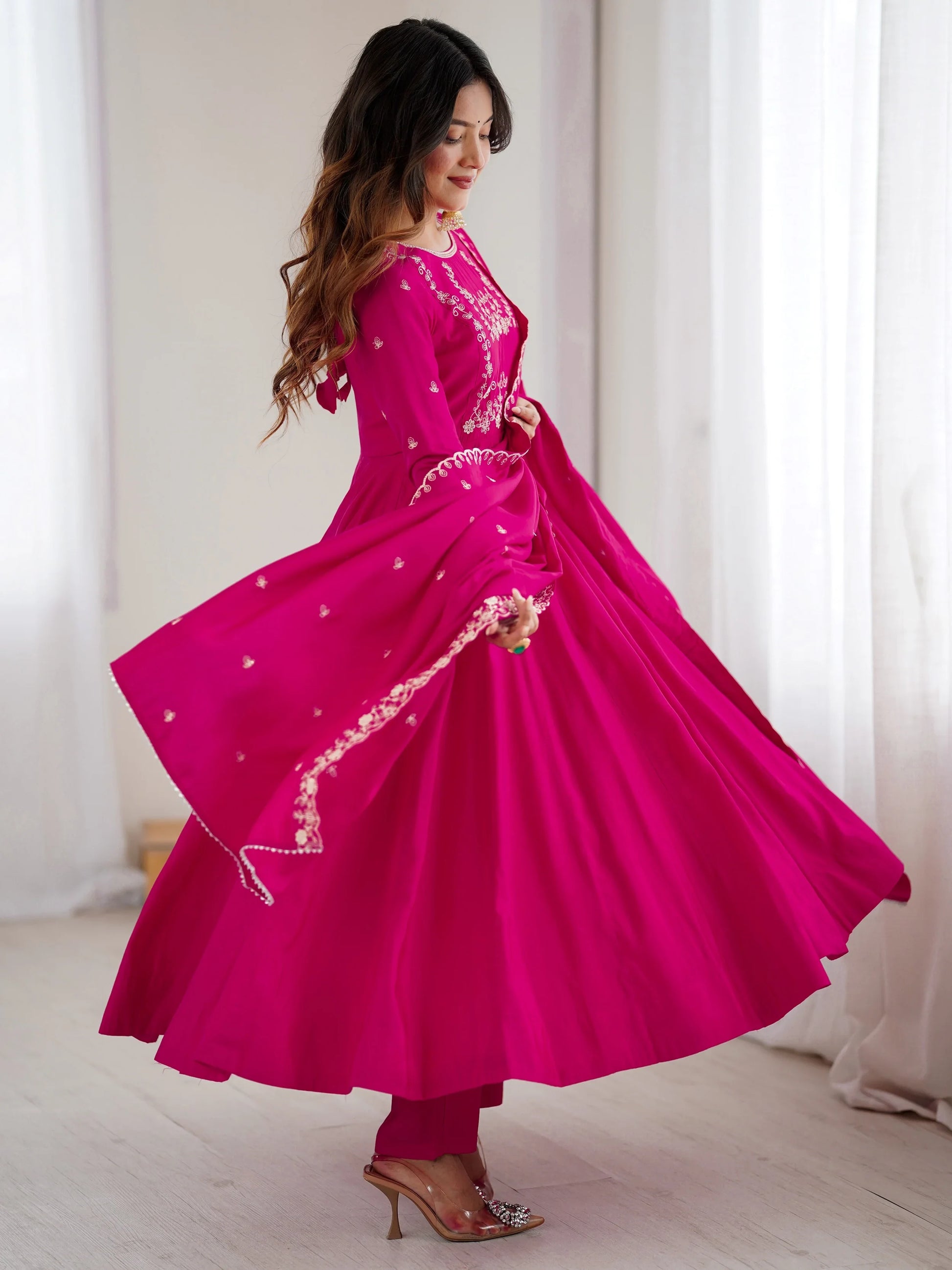 Alluring Hot Pink Bead Work Chanderi Silk Designer Anarkali Suit With Dupatta