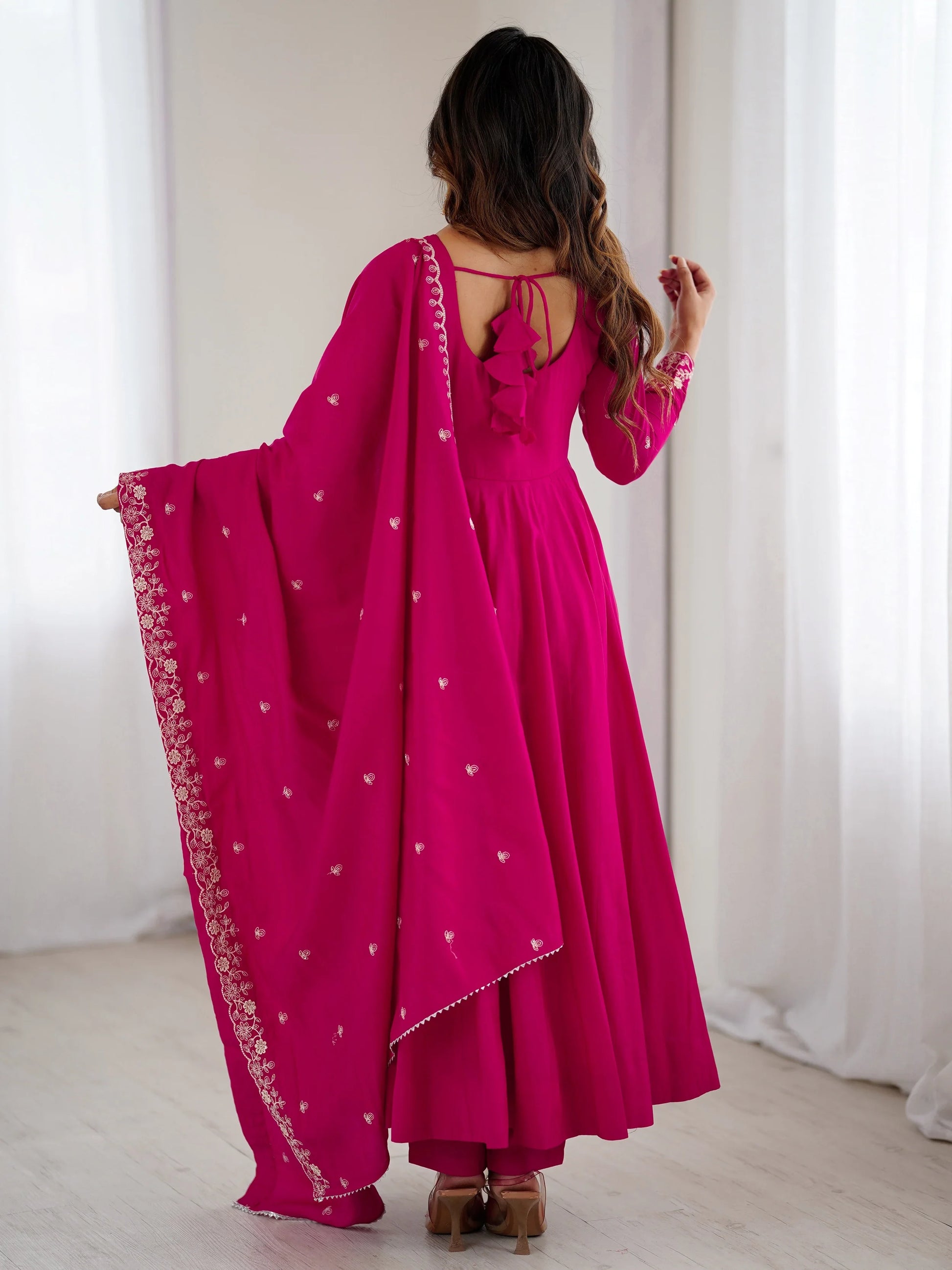 Alluring Hot Pink Bead Work Chanderi Silk Designer Anarkali Suit With Dupatta