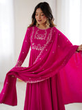 Alluring Hot Pink Bead Work Chanderi Silk Designer Anarkali Suit With Dupatta