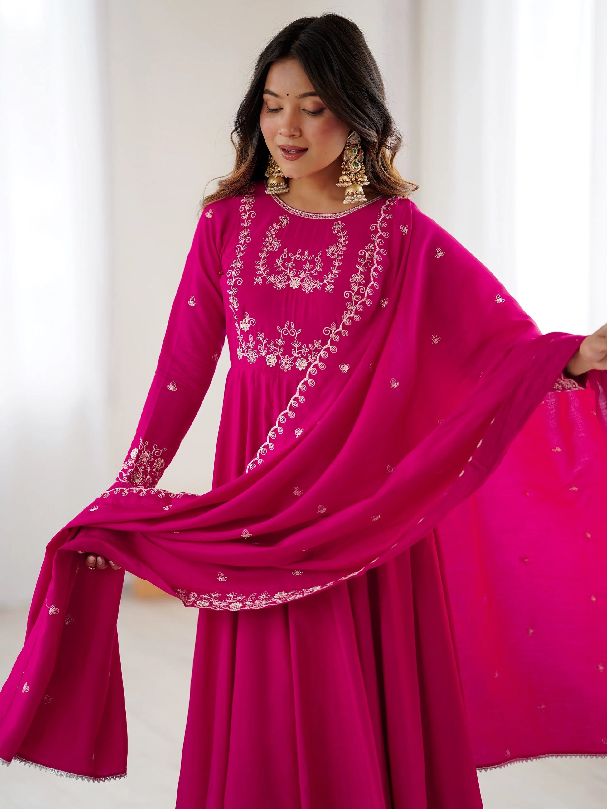 Alluring Hot Pink Bead Work Chanderi Silk Designer Anarkali Suit With Dupatta