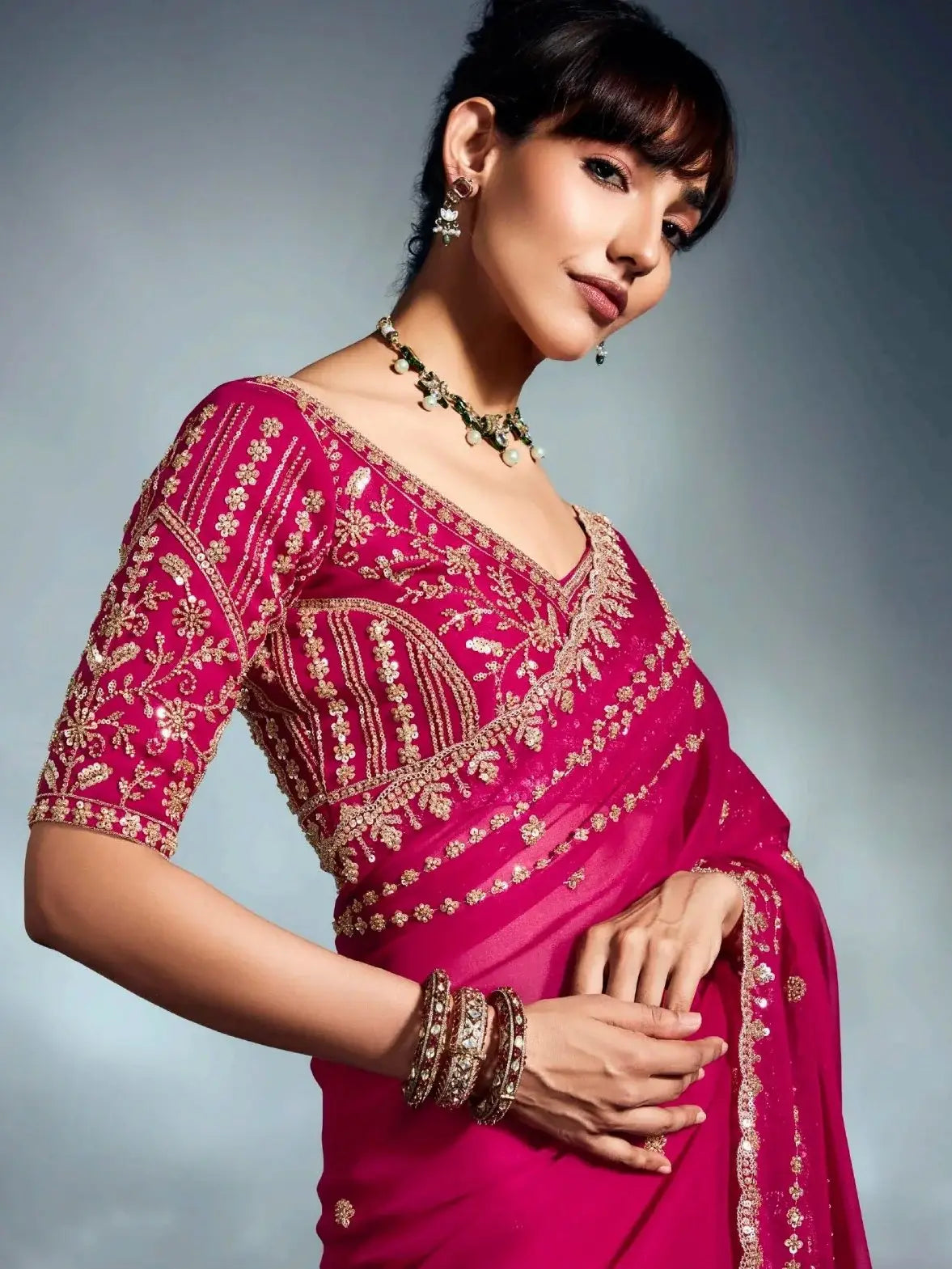 Alluring Hot Pink Cutdana Work Organza Engagement Wear Saree With Blouse - Zeel Clothing
