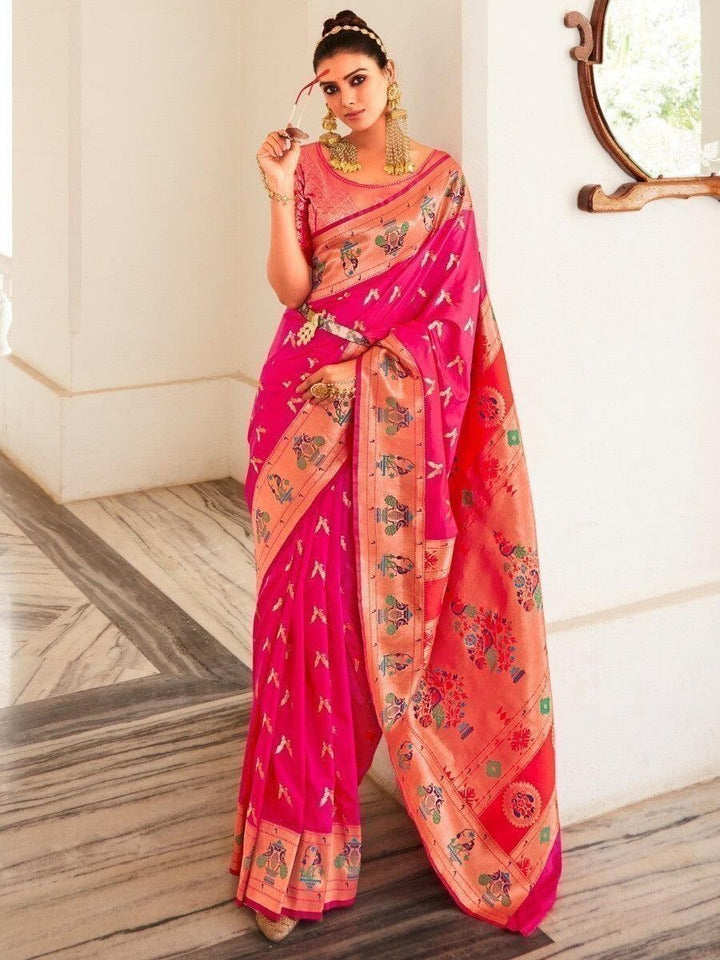 Alluring Hot Pink Silk Zari Weaving Wedding Wear Saree With Blouse