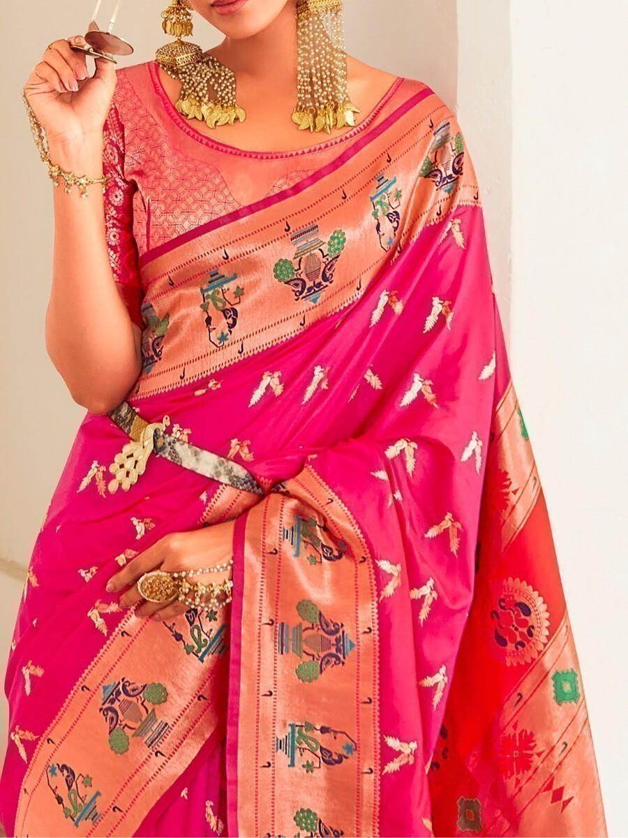 Alluring Hot Pink Silk Zari Weaving Wedding Wear Saree With Blouse - Zeel Clothing