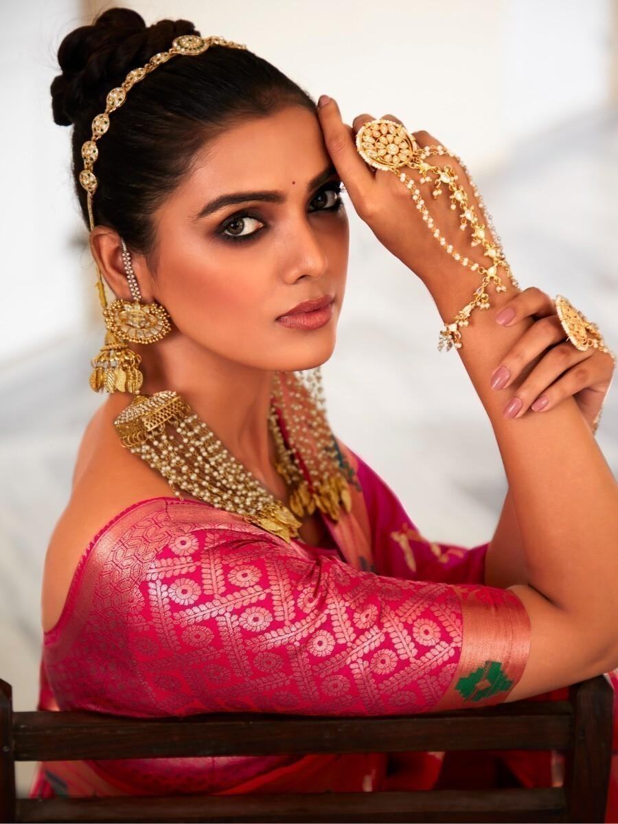 Alluring Hot Pink Silk Zari Weaving Wedding Wear Saree With Blouse
