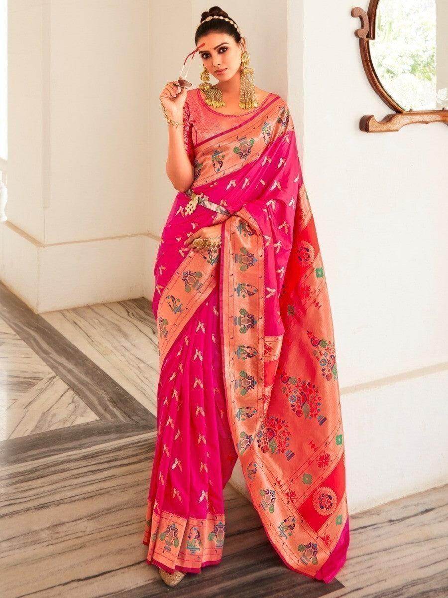 Alluring Hot Pink Silk Zari Weaving Wedding Wear Saree With Blouse - Zeel Clothing
