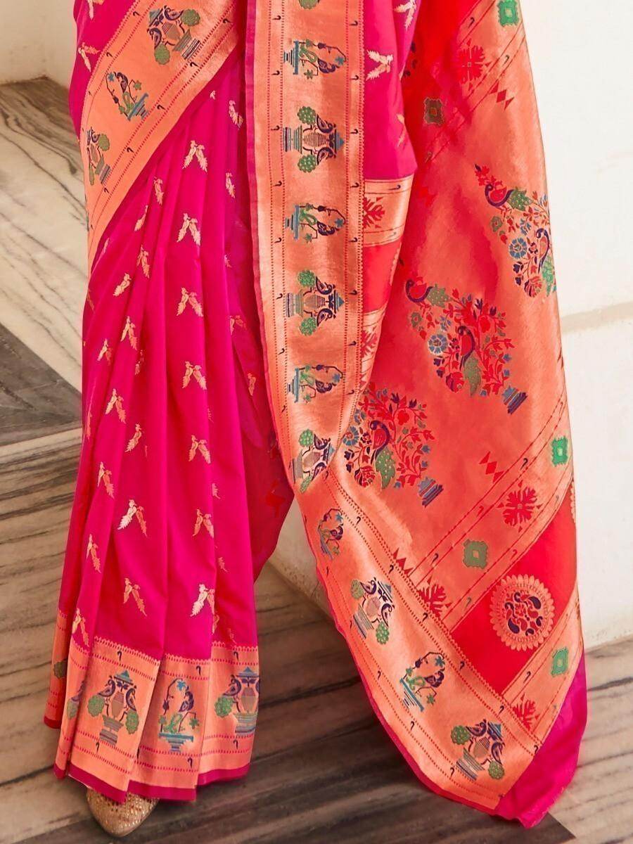 Alluring Hot Pink Silk Zari Weaving Wedding Wear Saree With Blouse - Zeel Clothing