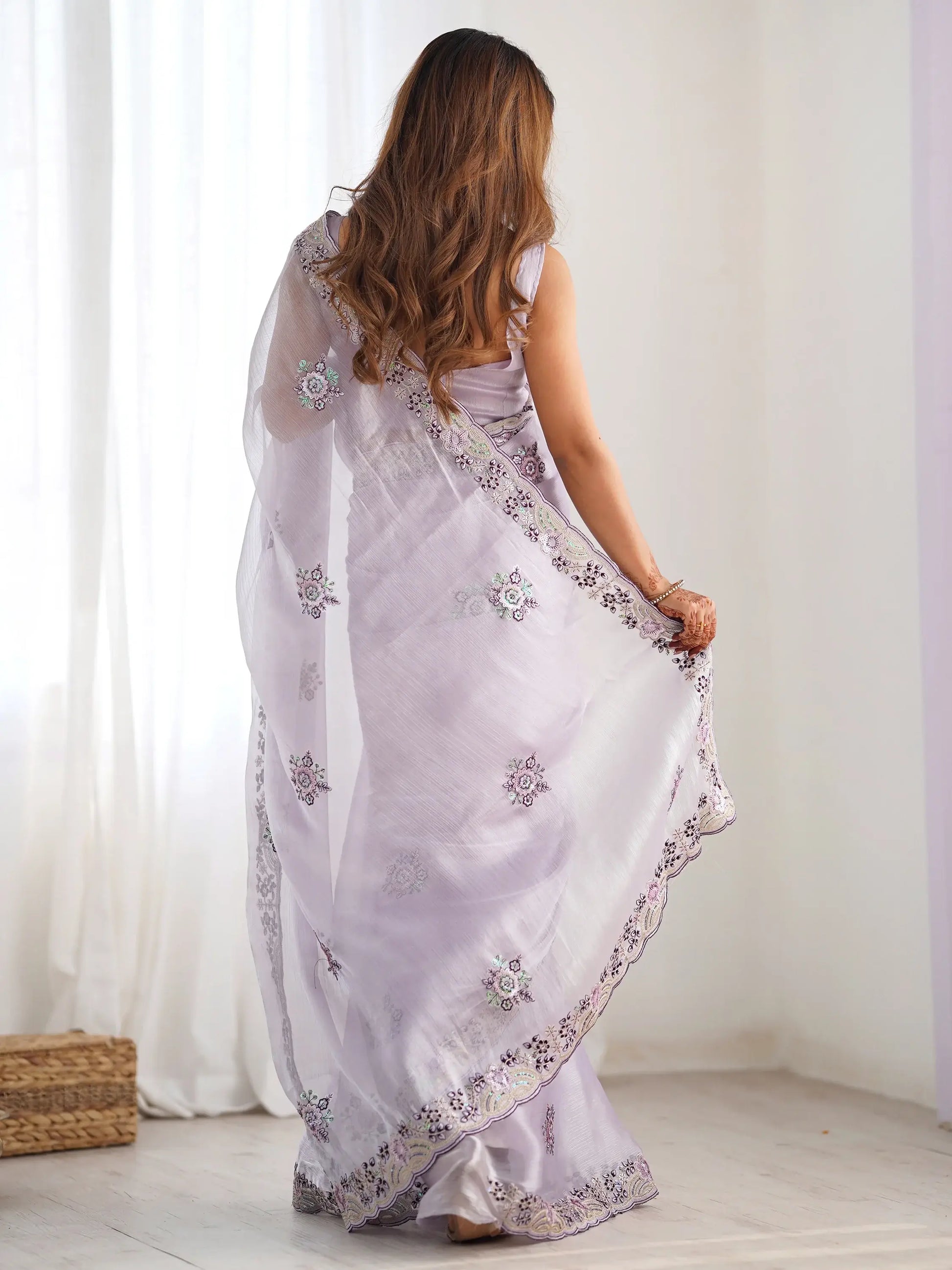 Alluring Lavender Embroidered Organza Festival Wear Saree With Blouse - Zeel Clothing