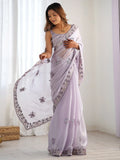 Alluring Lavender Embroidered Organza Festival Wear Saree With Blouse - Zeel Clothing