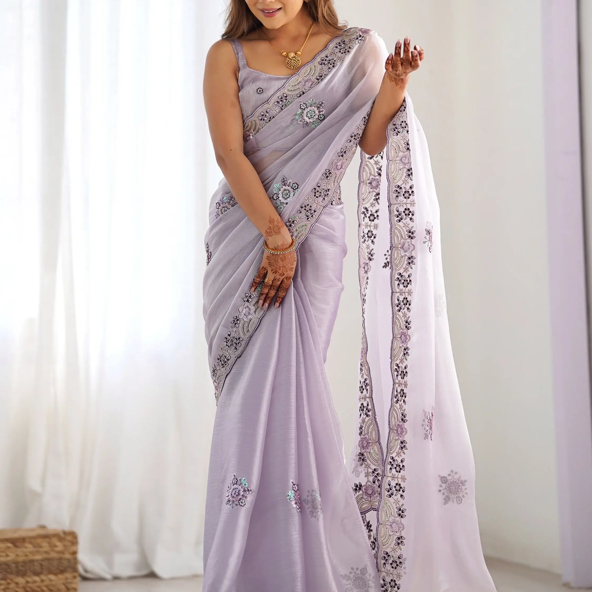 Alluring Lavender Embroidered Organza Festival Wear Saree With Blouse - Zeel Clothing