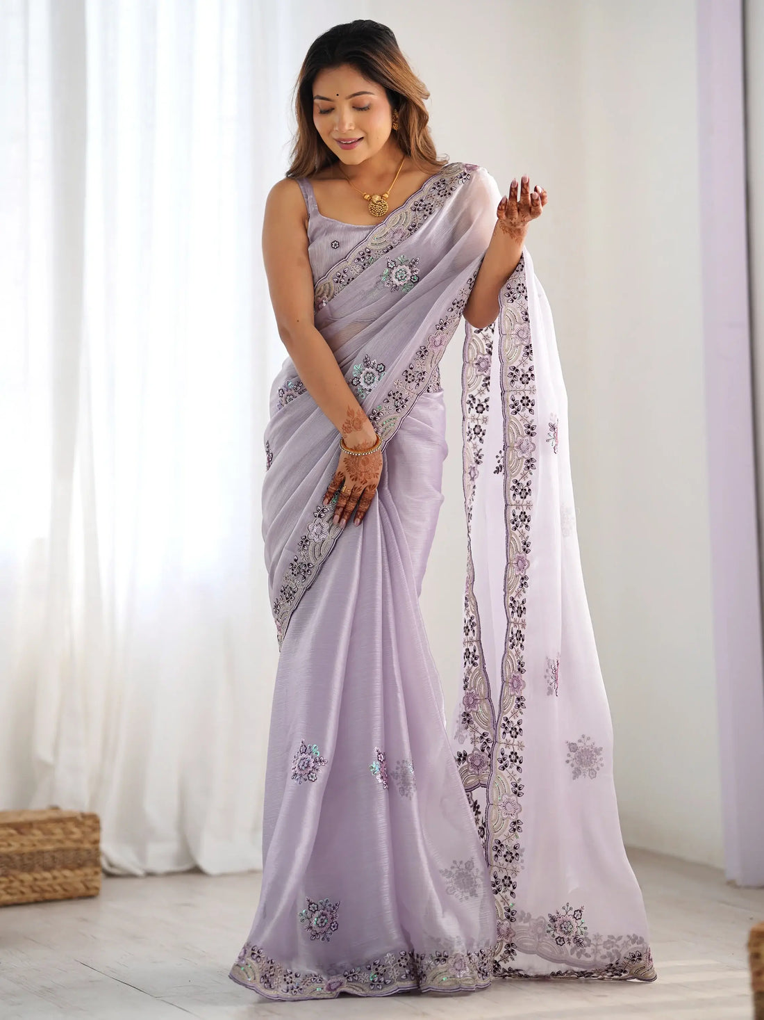 Alluring Lavender Embroidered Organza Festival Wear Saree With Blouse - Zeel Clothing