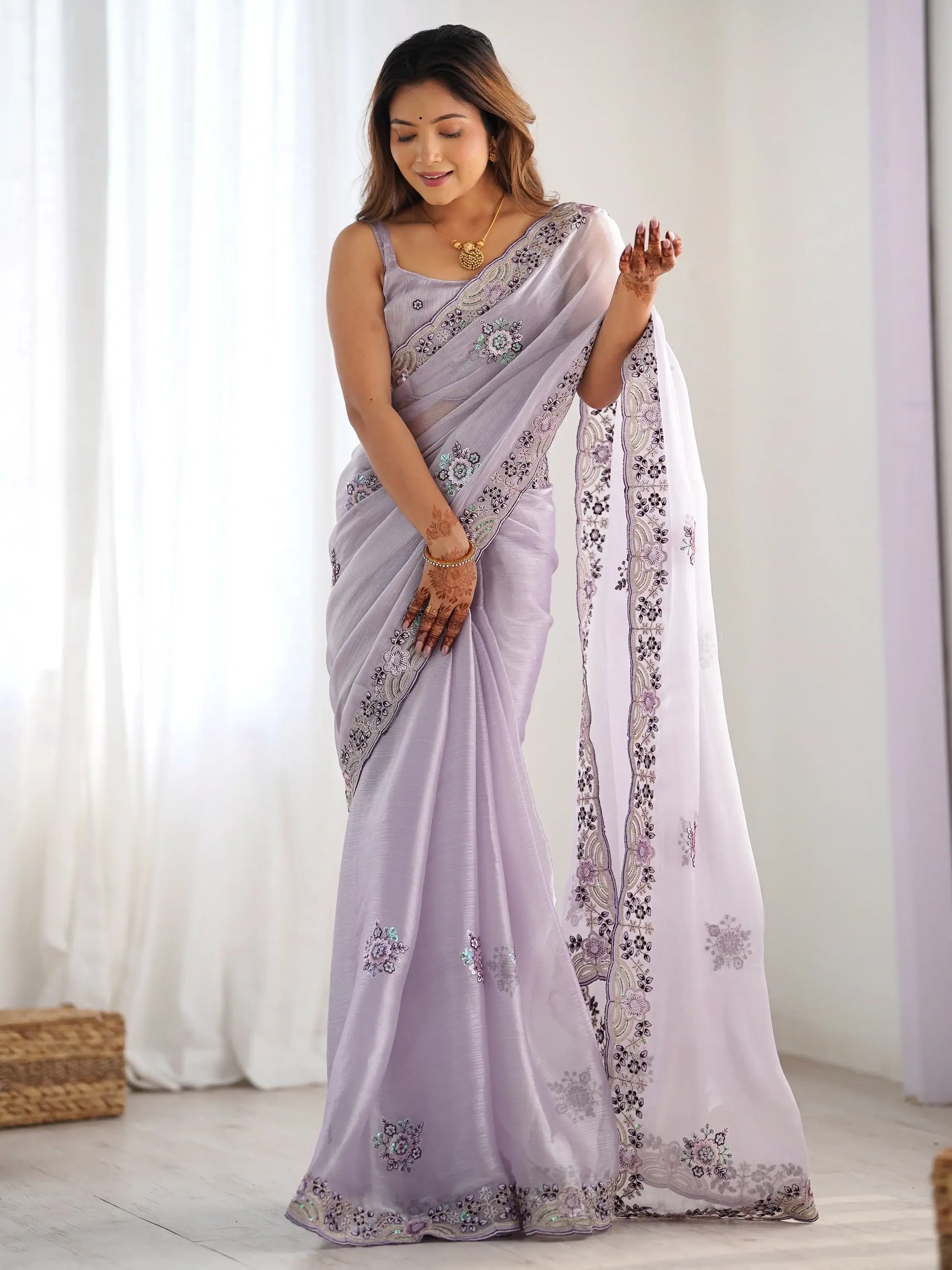 Alluring Lavender Embroidered Organza Festival Wear Saree With Blouse - Zeel Clothing
