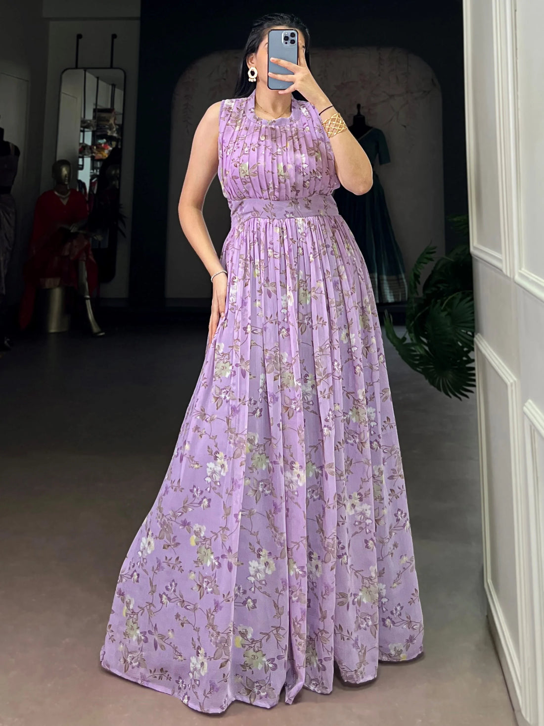 Alluring Lavender Floral Printed Georgette Daily Wear Dress