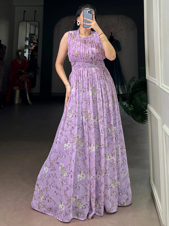 Alluring Lavender Floral Printed Georgette Daily Wear Dress