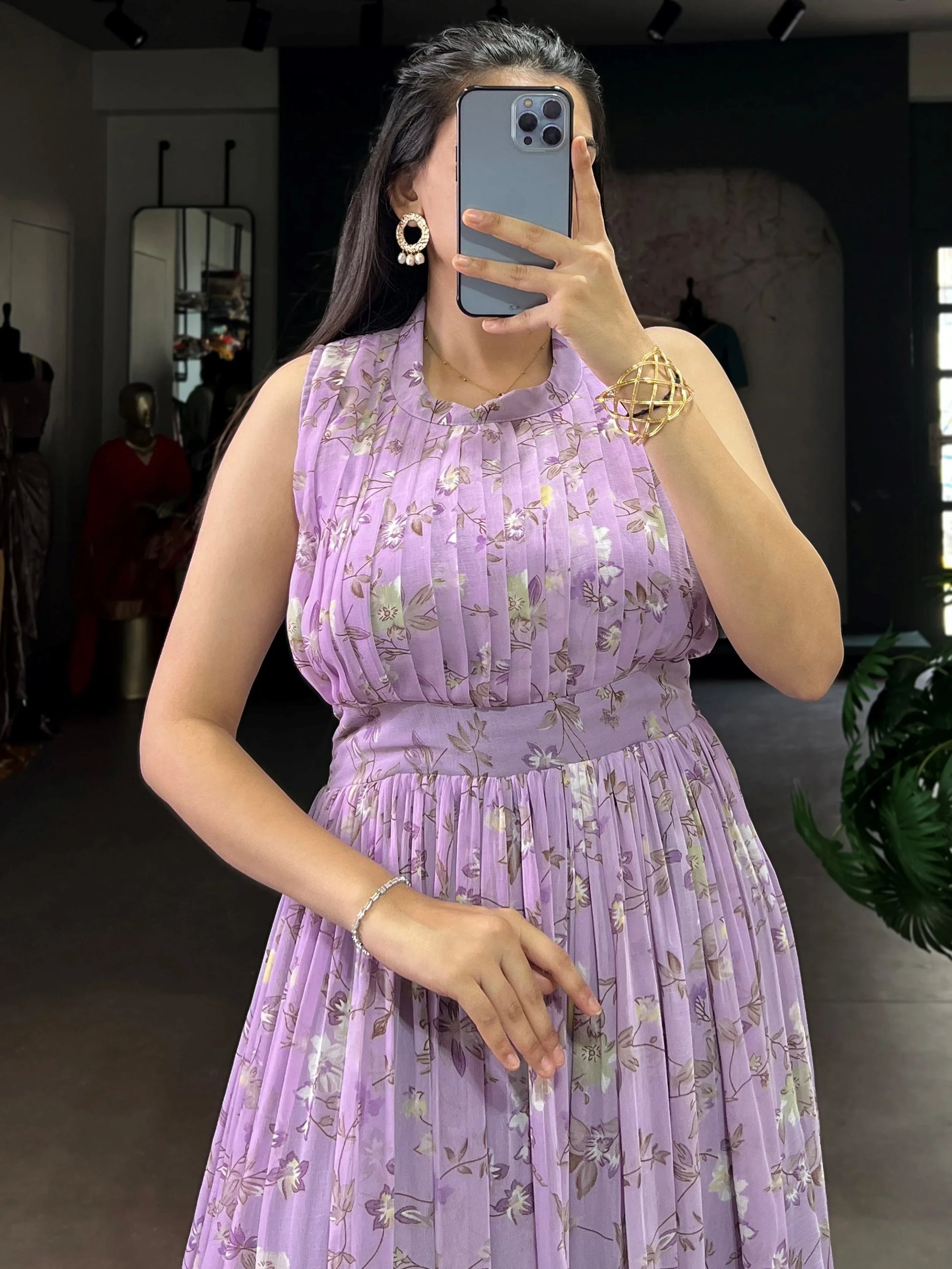 Alluring Lavender Floral Printed Georgette Daily Wear Dress