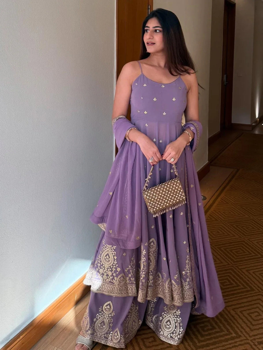 Alluring Lavender Foil Work Georgette Event Wear Palazzo Suit