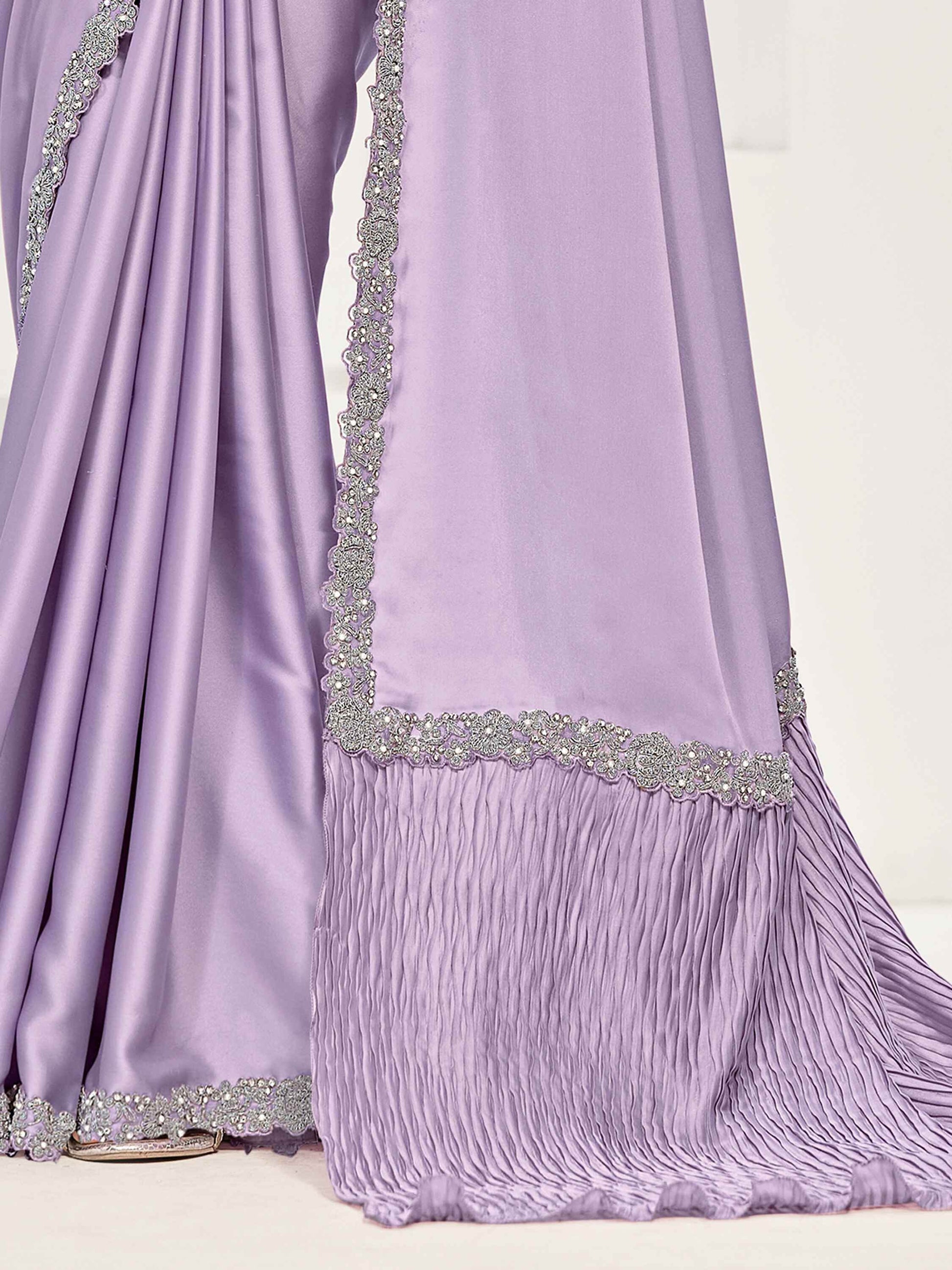 Alluring Lavender Lace Work Satin Party Wear Saree With Blouse - Zeel Clothing