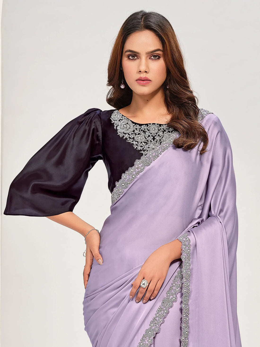 Alluring Lavender Lace Work Satin Party Wear Saree With Blouse - Zeel Clothing