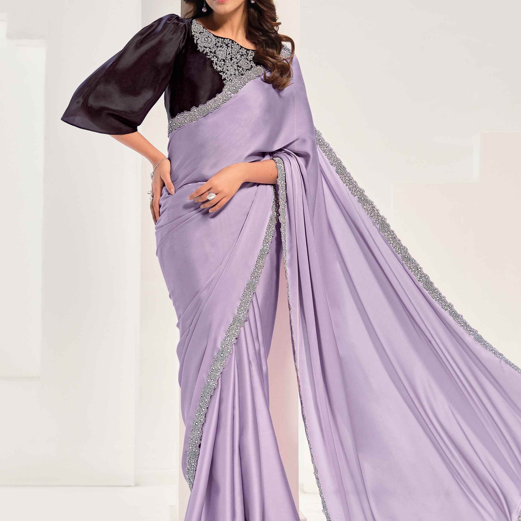 Alluring Lavender Lace Work Satin Party Wear Saree With Blouse - Zeel Clothing