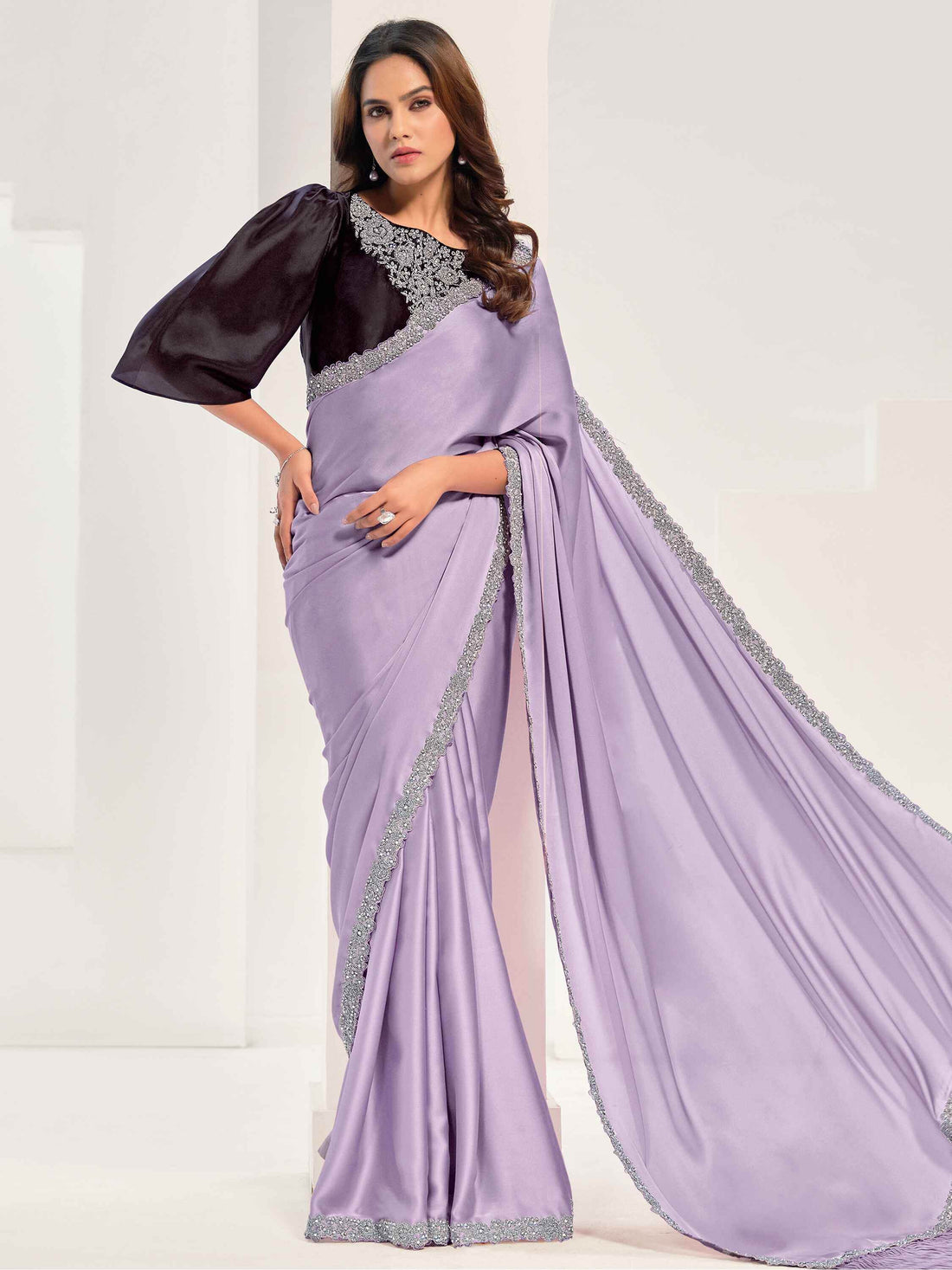 Alluring Lavender Lace Work Satin Party Wear Saree With Blouse - Zeel Clothing