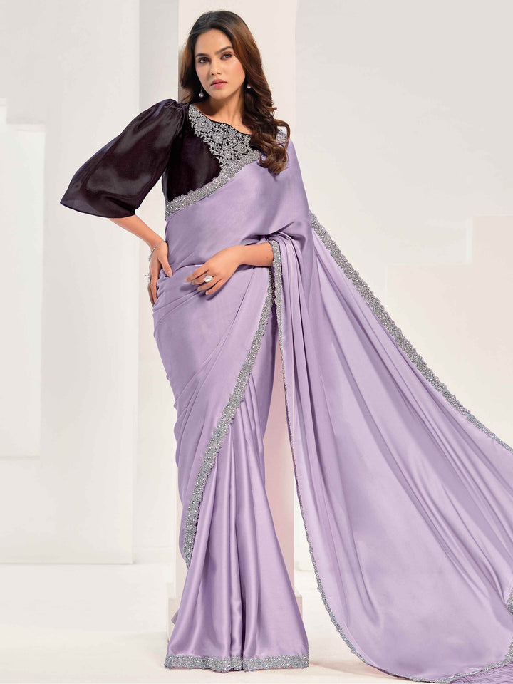 Alluring Lavender Lace Work Satin Party Wear Saree With Blouse - Zeel Clothing