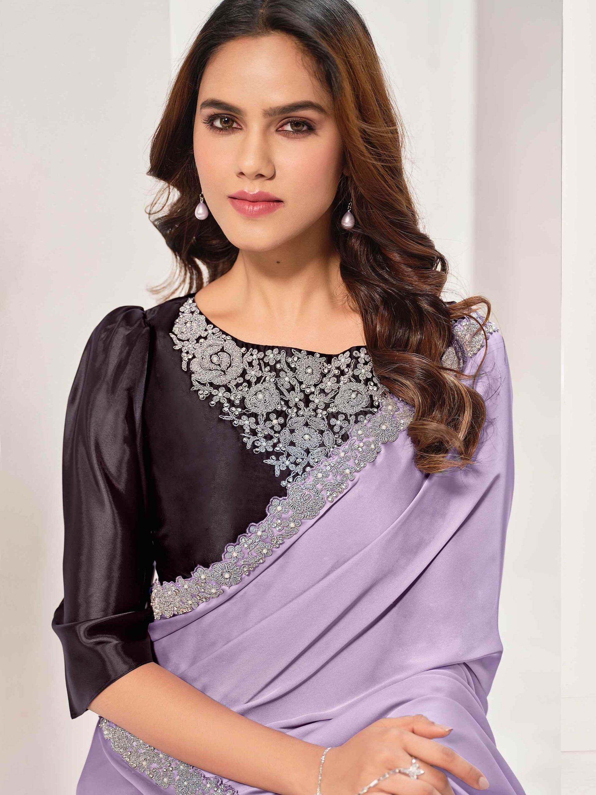 Alluring Lavender Lace Work Satin Party Wear Saree With Blouse - Zeel Clothing