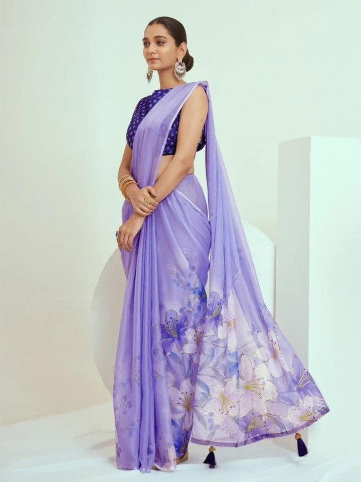 Alluring Lavender Printed Georgette Events Wear Saree With Blouse