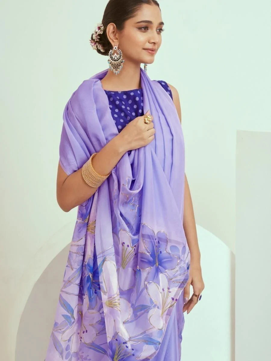 Alluring Lavender Printed Georgette Events Wear Saree With Blouse