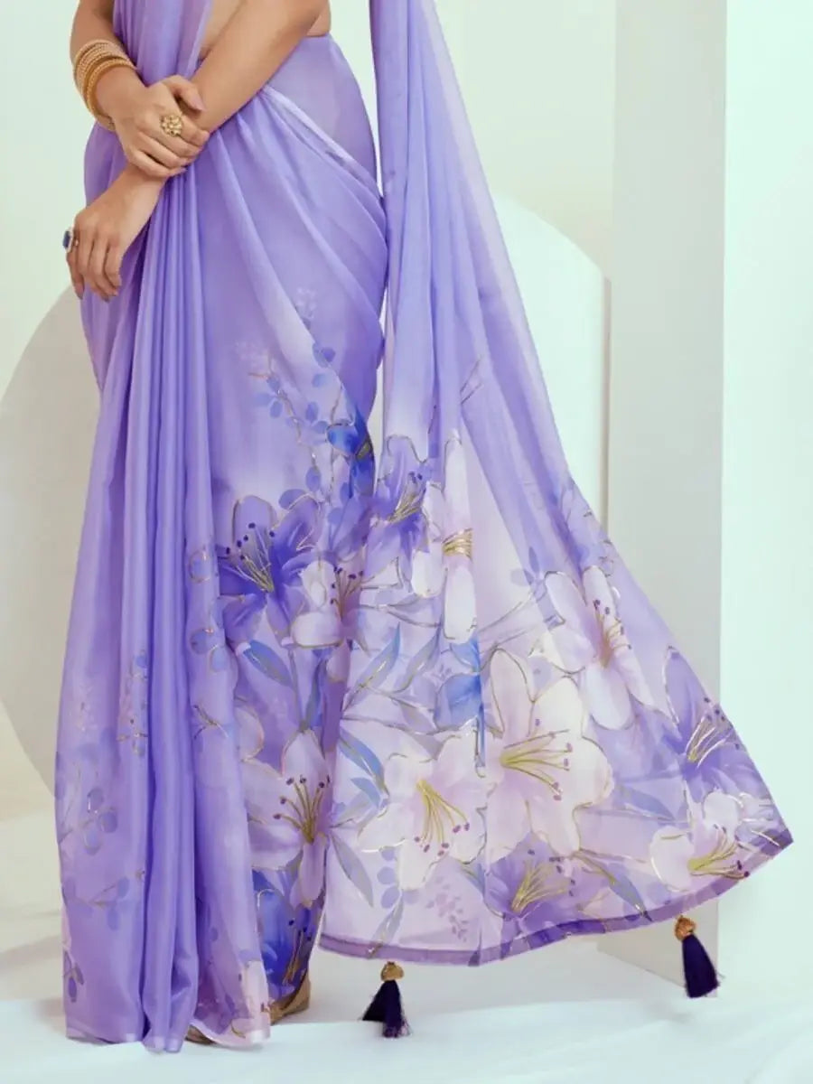 Alluring Lavender Printed Georgette Events Wear Saree With Blouse - Zeel Clothing