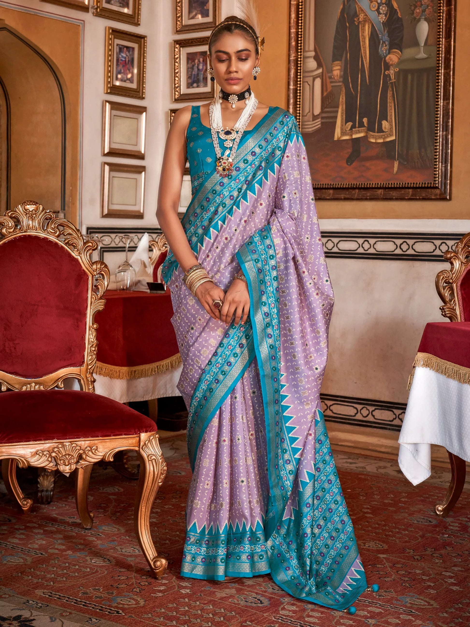 Alluring Lavender Printed Silk Festival Wear Saree With Blouse - Zeel Clothing