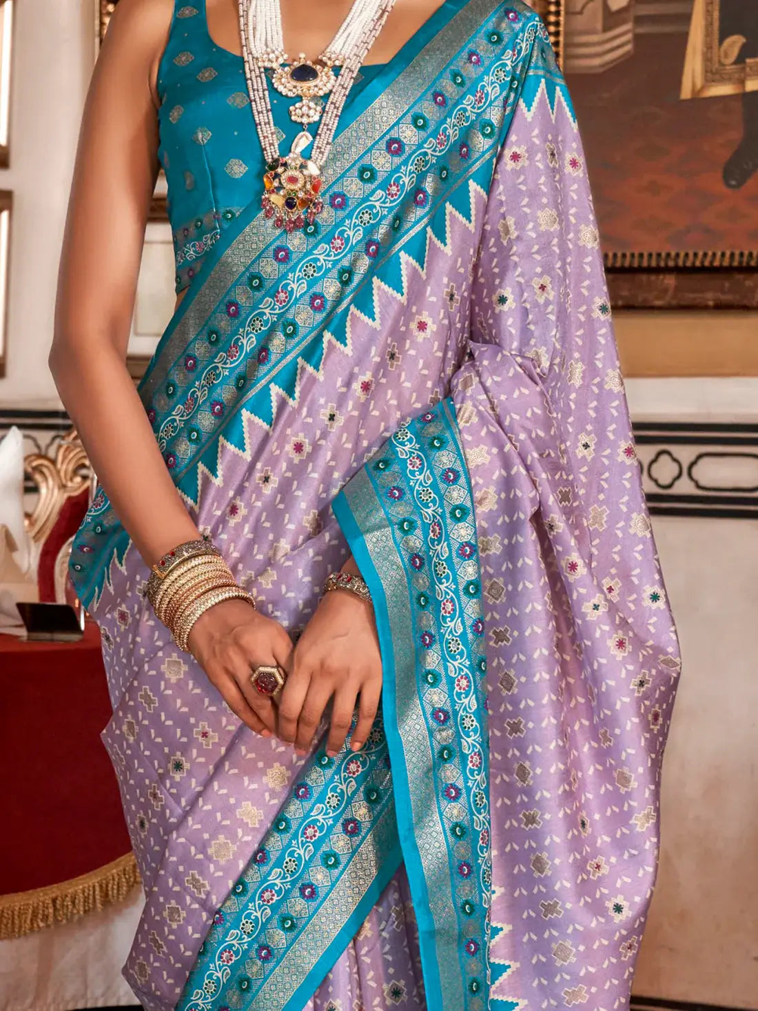 Alluring Lavender Printed Silk Festival Wear Saree With Blouse - Zeel Clothing