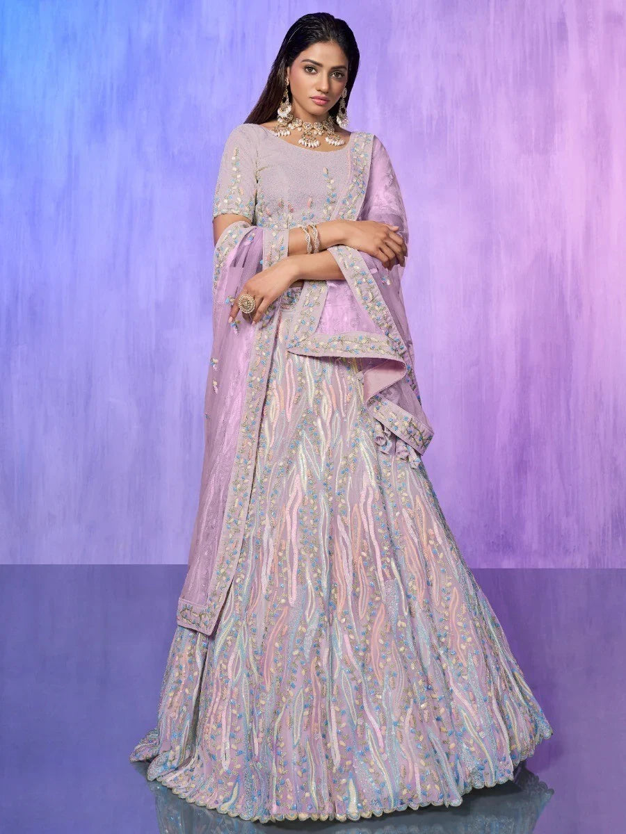 Alluring Lavender Sequins Organza Lehenga Choli With Dupatta