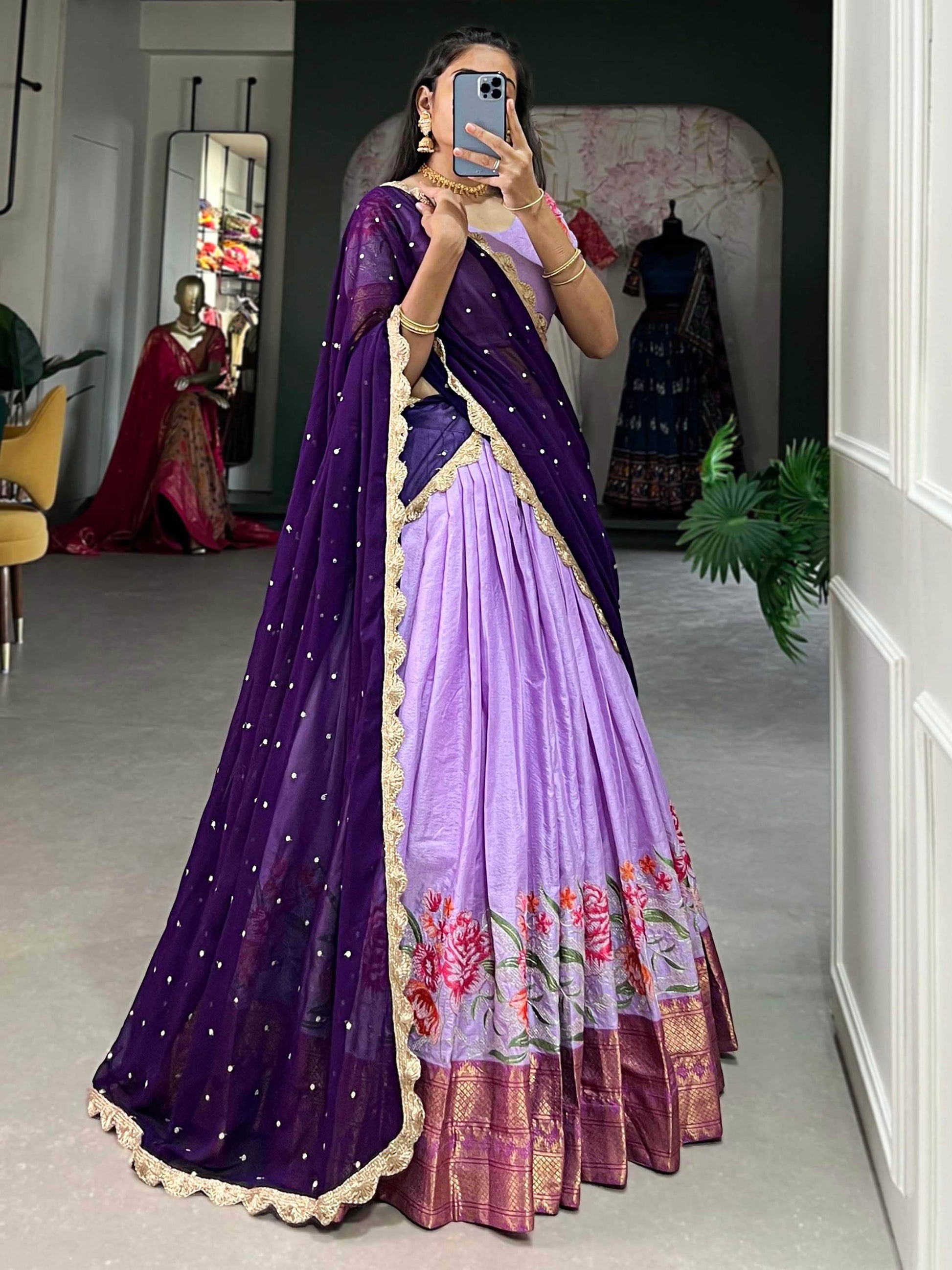 Alluring Lavender Thread Work Festive Wear Cotton Half Saree Lehenga - Zeel Clothing