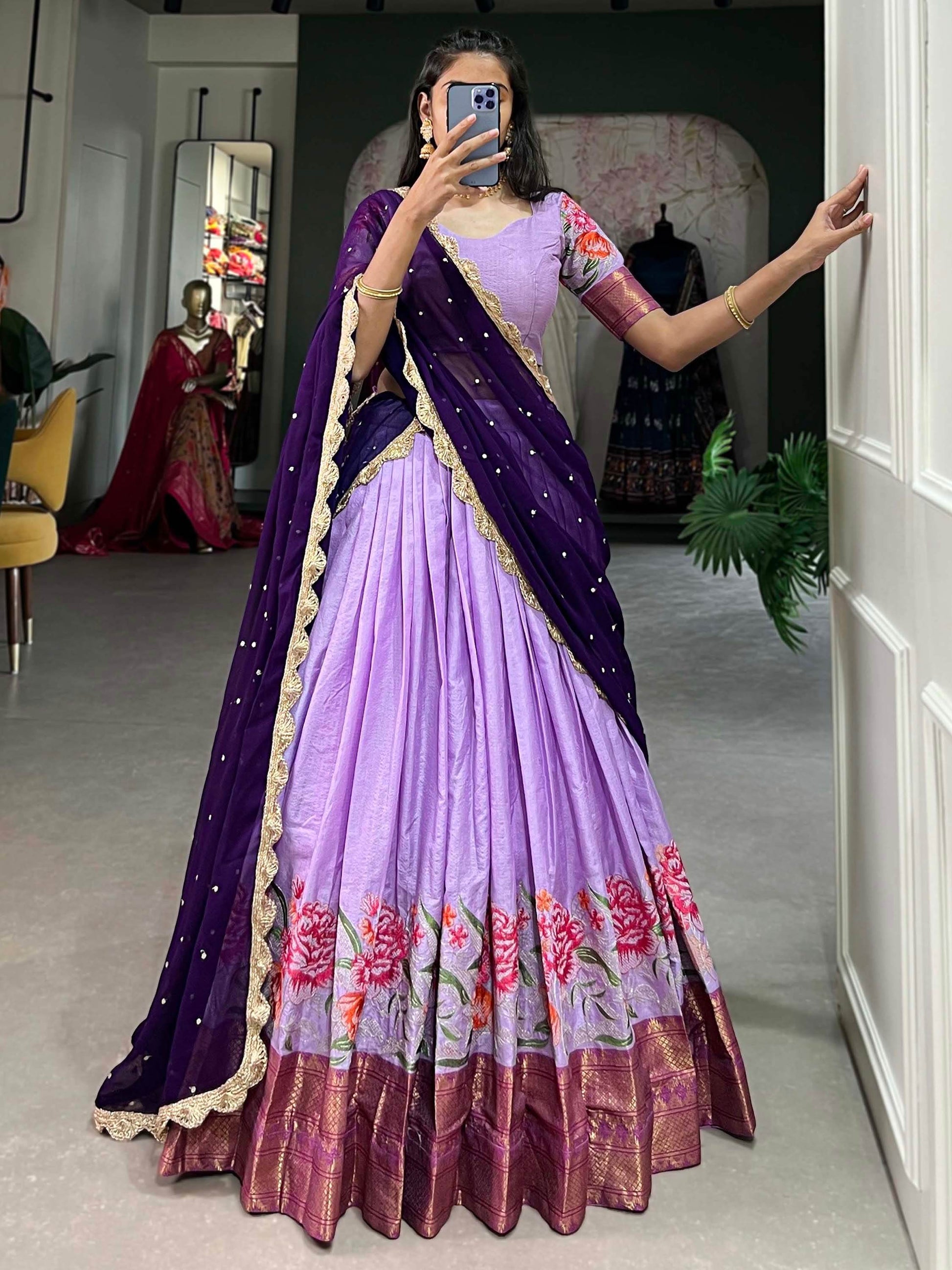 Alluring Lavender Thread Work Festive Wear Cotton Half Saree Lehenga - Zeel Clothing