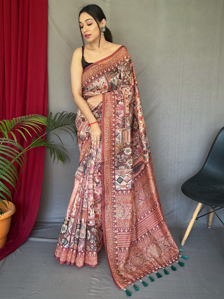 Alluring Light Brown Digital Printed Cotton Saree With Blouse
