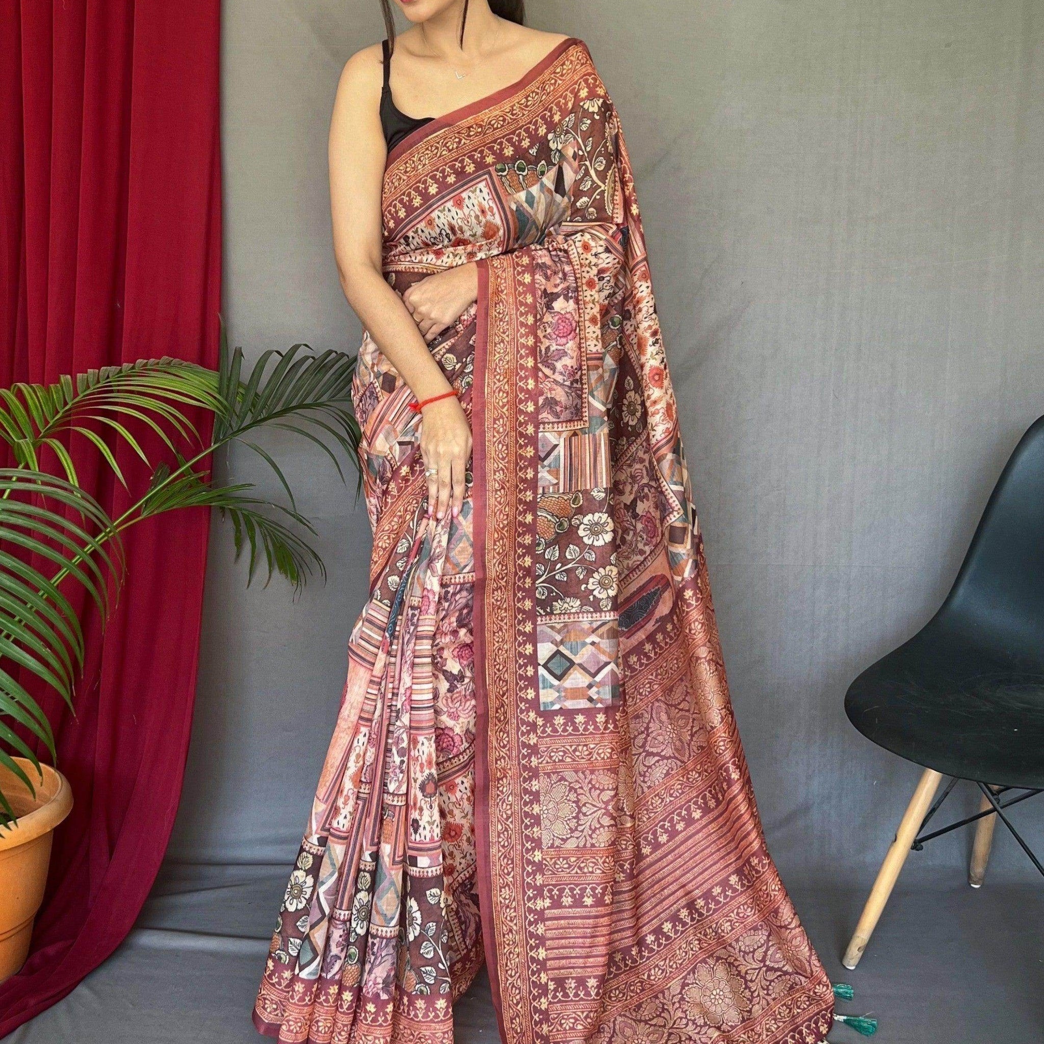 Alluring Light Brown Digital Printed Cotton Saree With Blouse - Zeel Clothing
