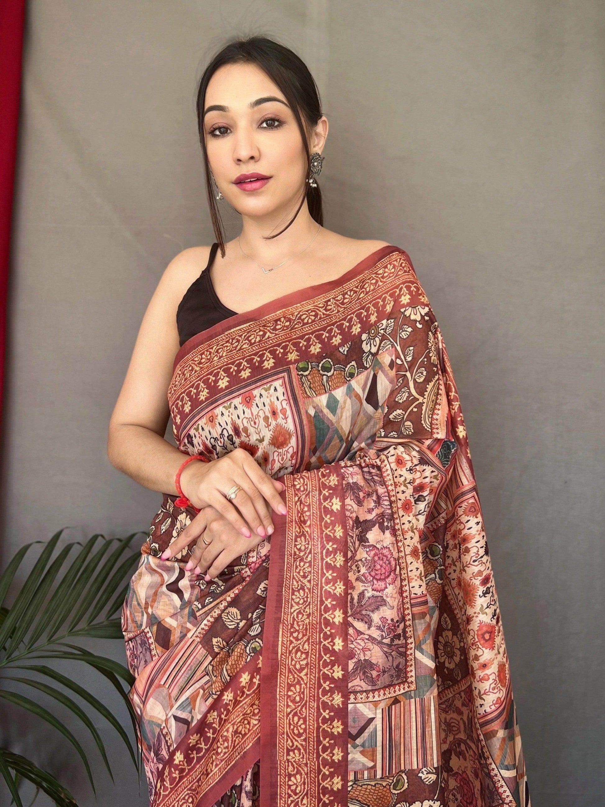 Alluring Light Brown Digital Printed Cotton Saree With Blouse - Zeel Clothing